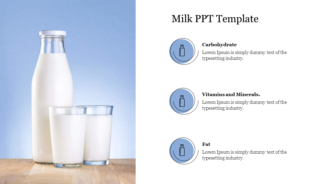 Milk themed slide featuring a bottle and two glasses of milk with nutritional categories listed on the side.