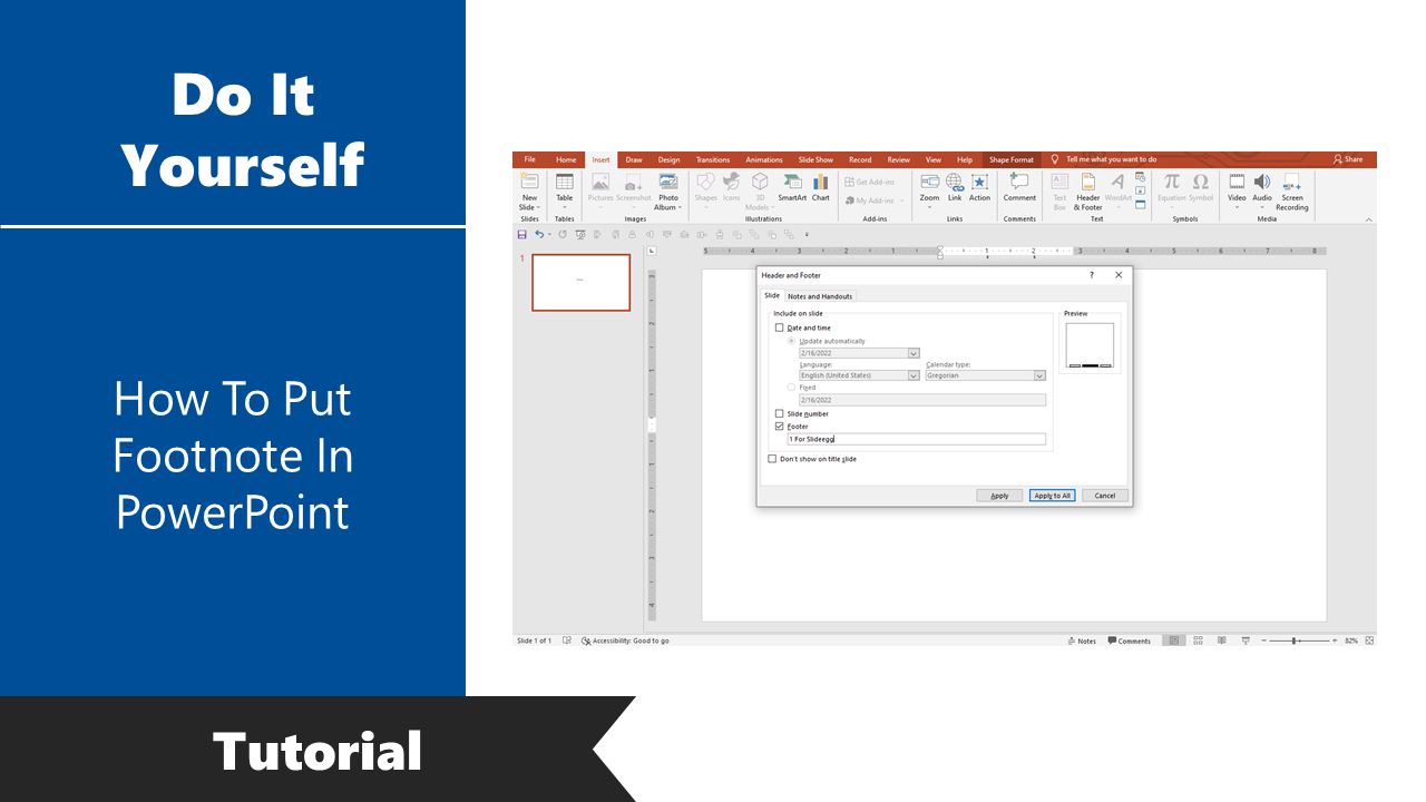 Tutorial on adding a footnote in PowerPoint, displaying the header and footer settings panel.