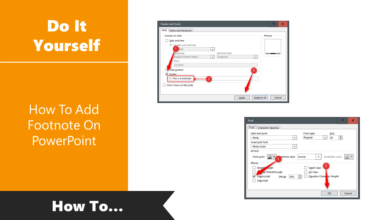 DIY guide on adding footnotes in PowerPoint, showing highlighted steps in the Header and Footer menu.