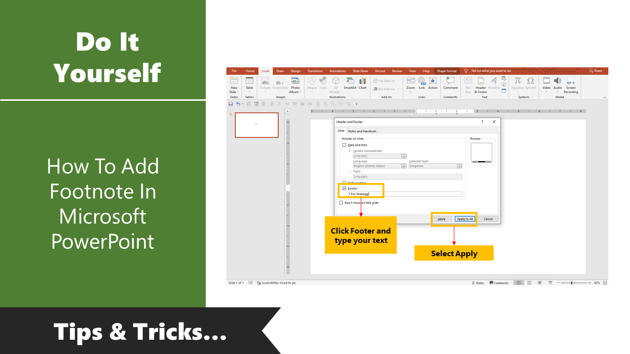 DIY guide on adding footnotes in Microsoft PowerPoint, with step by step instructions highlighted.