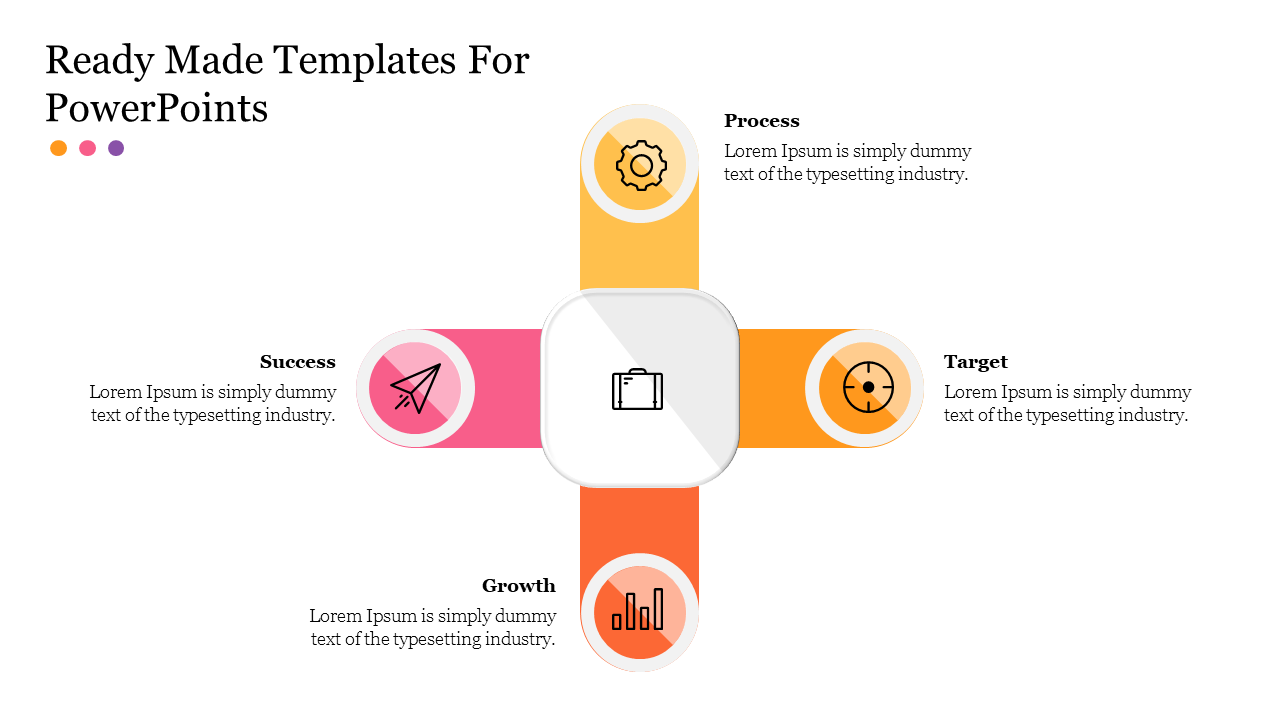 A PowerPoint template showing four colorful sections Success, Process, Target, and Growth, each with icons.