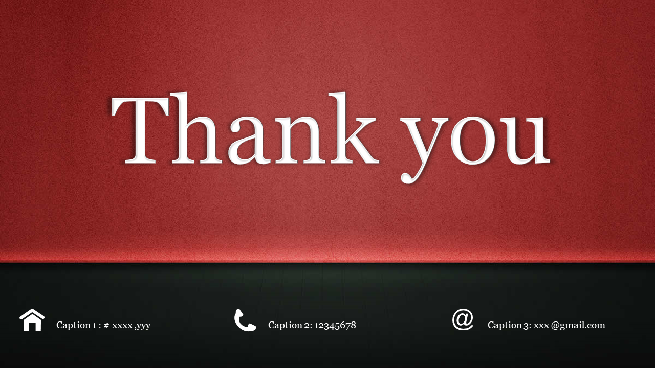 Simple thank you slide with large white text on a red background and contact information icons displayed at the bottom.