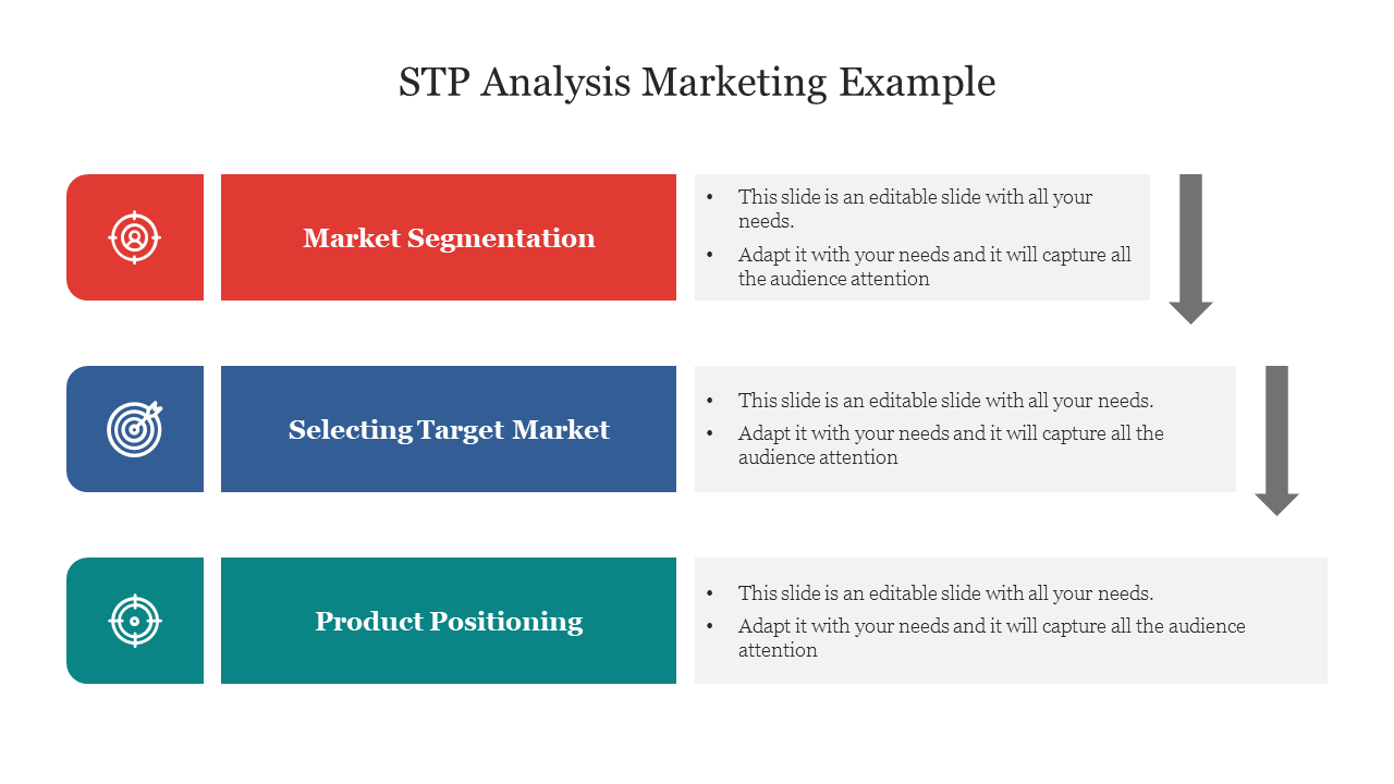 A slide showing STP analysis with three sections in red, blue, and teal with icons and placeholder text.