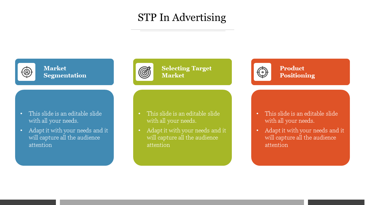 Slide featuring three boxes in blue, green, and orange, each with icons and descriptions, explaining the STP in advertising.