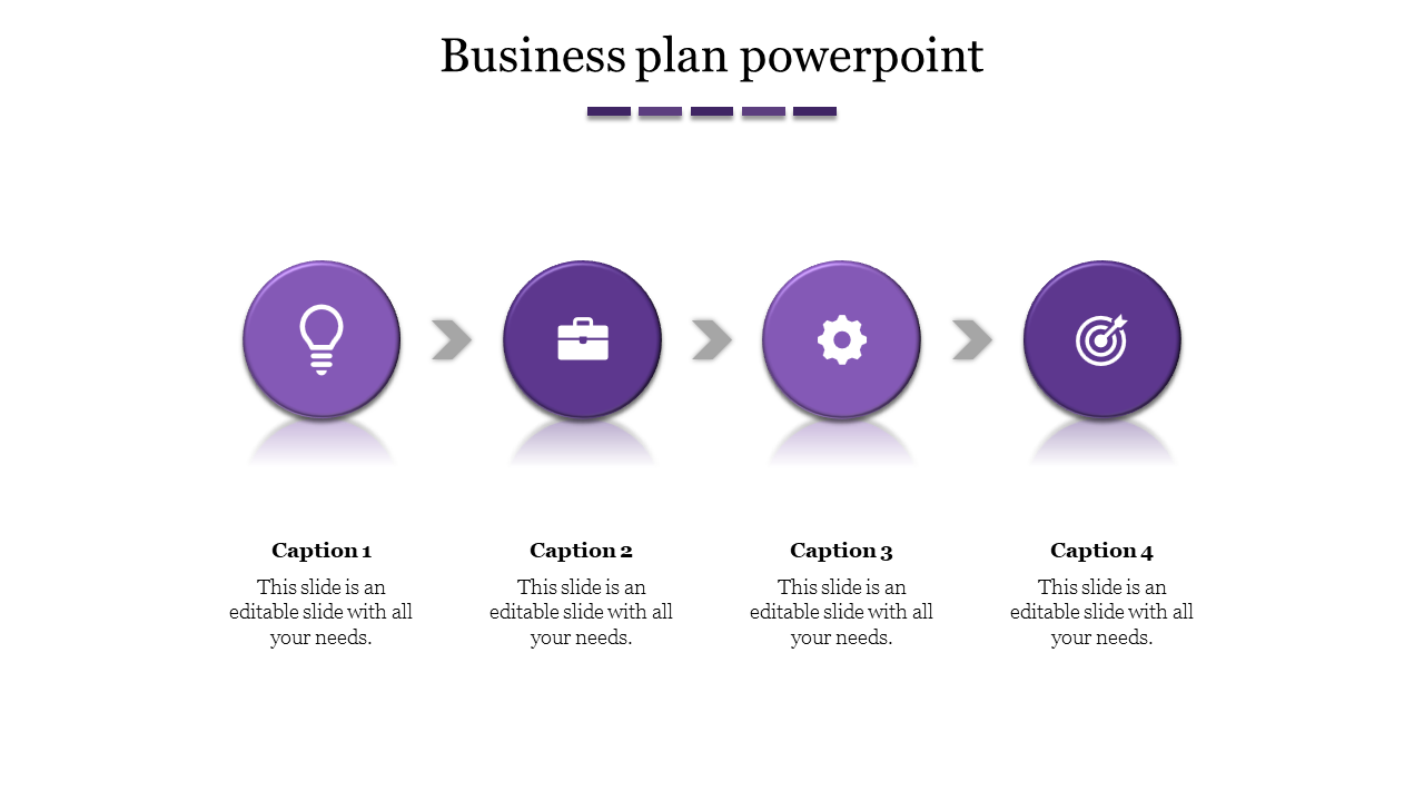 Four-step business plan process with purple circular icons and arrows connecting each step with placeholder text areas.