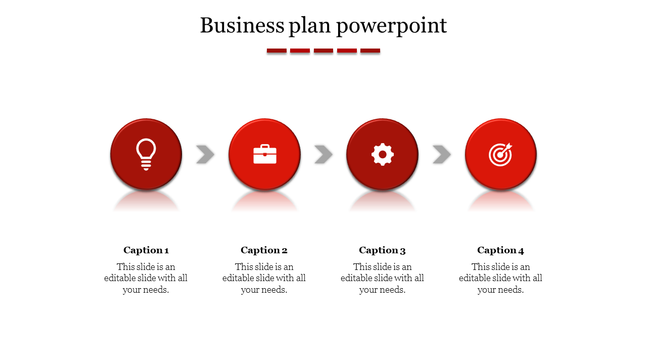 Linear business plan infographic with four red circular icons connected by arrows, representing sequential process steps.