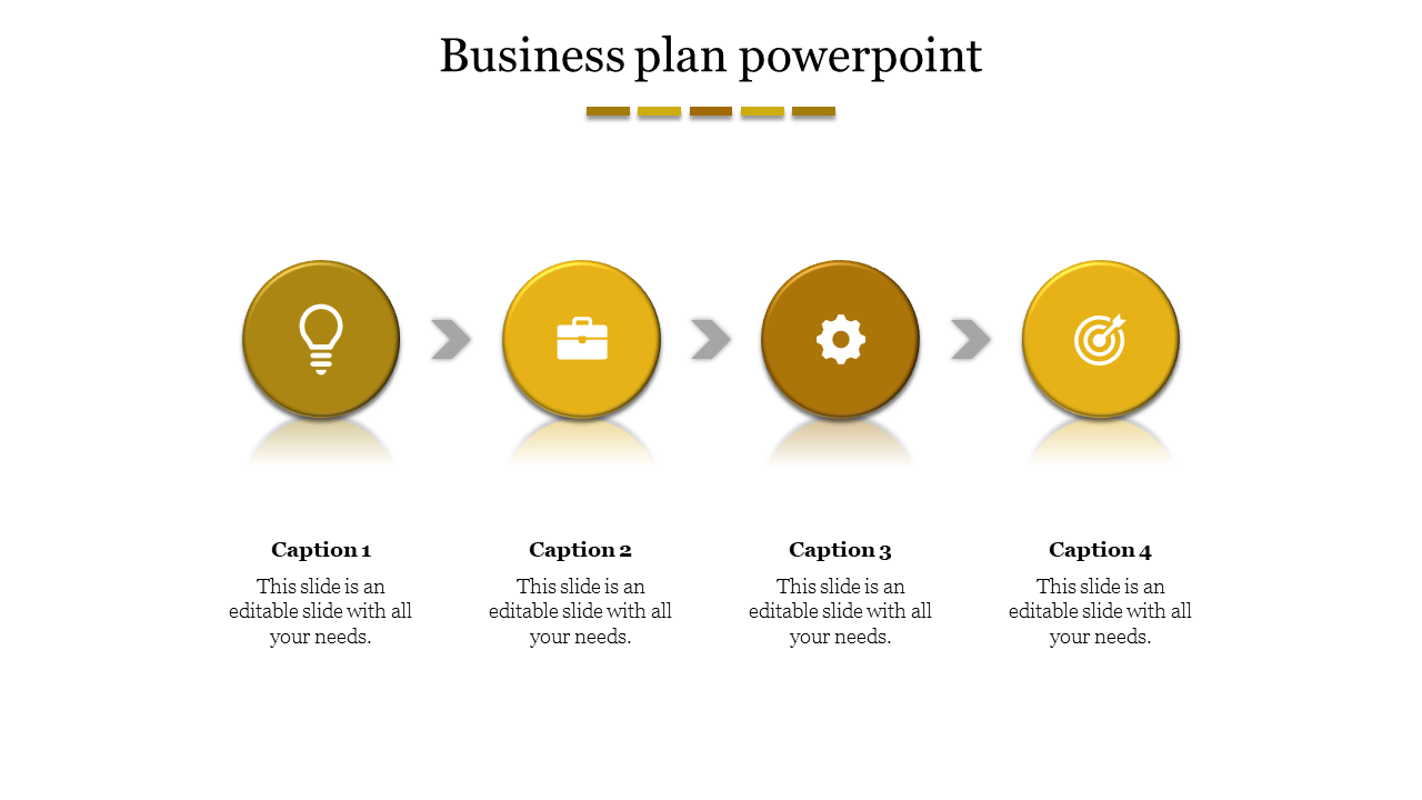 Slide with four golden circular icons for business plan steps, linked by arrows, and captions underneath.