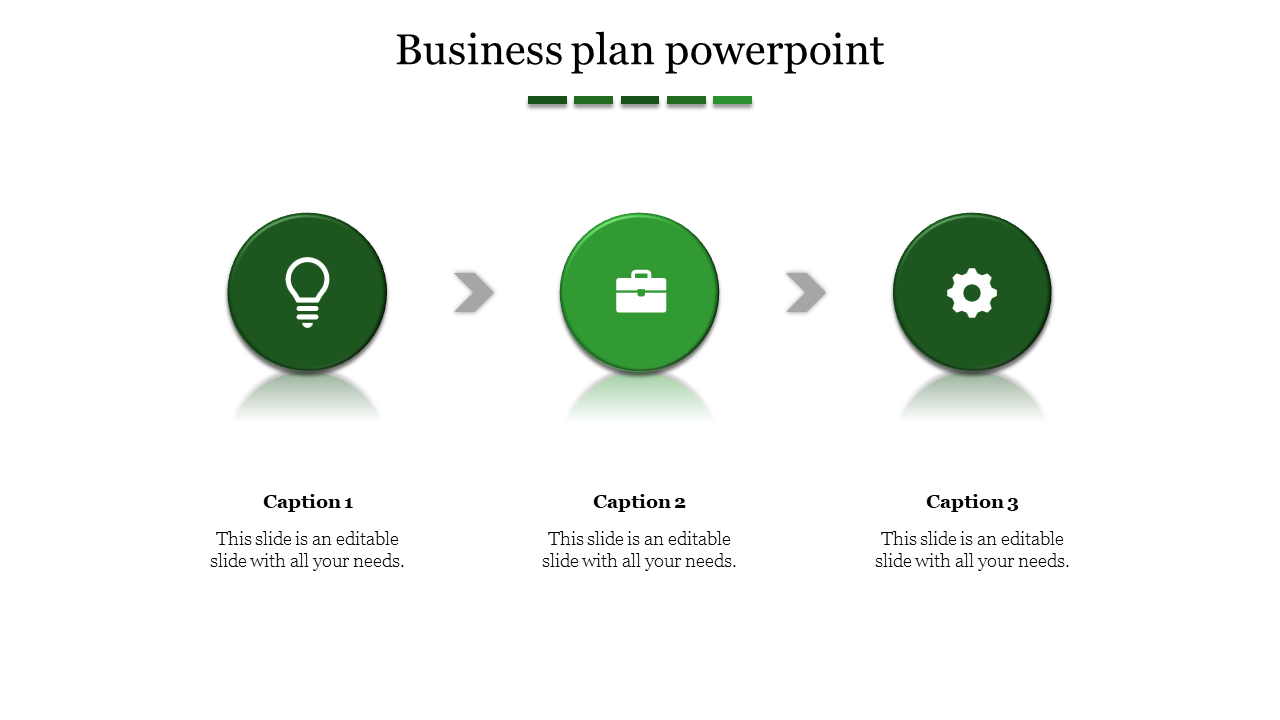 Business plan PPT slide with green icons representing key steps ideation, planning, and development, linked by arrows.