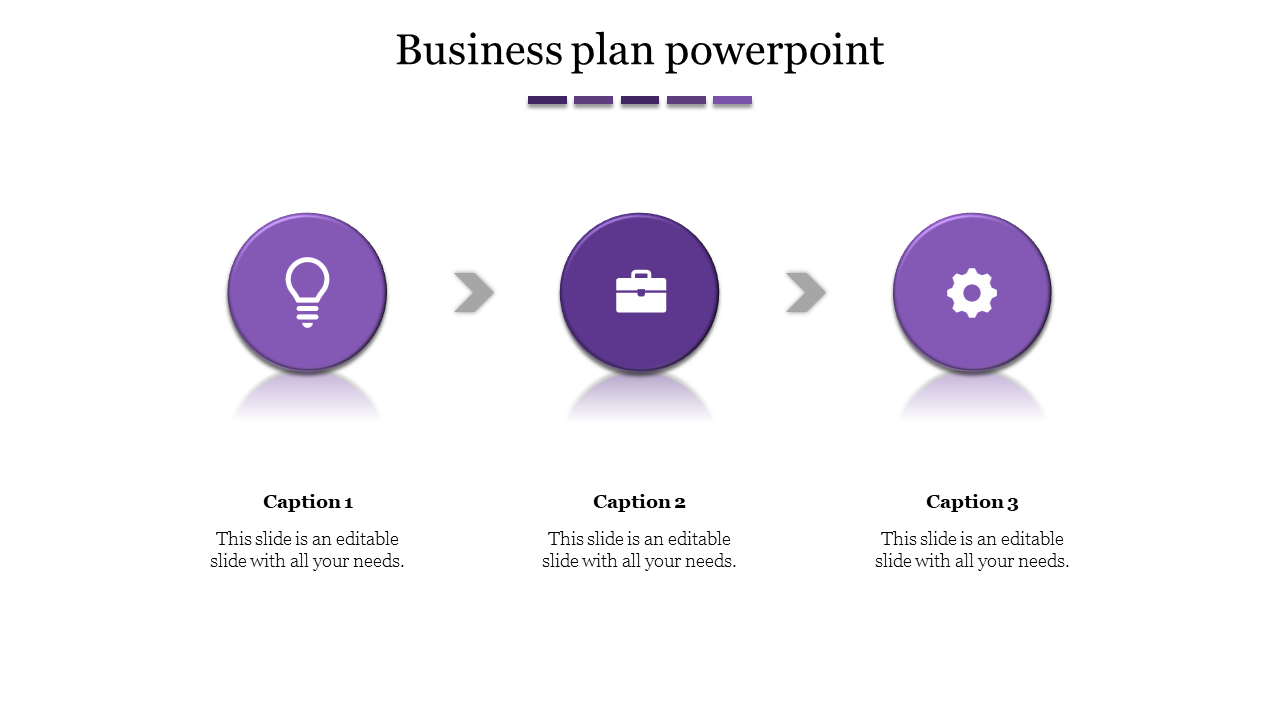 A business plan slide featuring three purple circular icons with caption text below each.