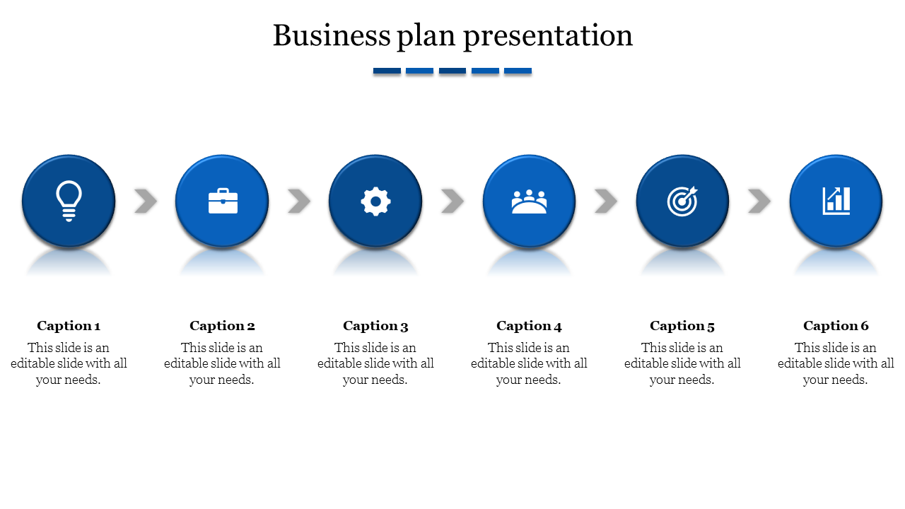 Step by step business plan infographic with six blue circles, each containing an icon, linked by gray arrows.