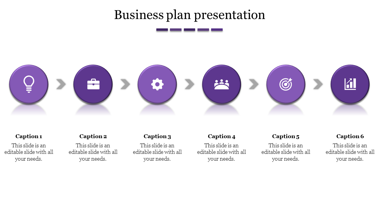 Step-by-step flowchart with six purple gradient icons for business plan phases each placed with a caption areas.