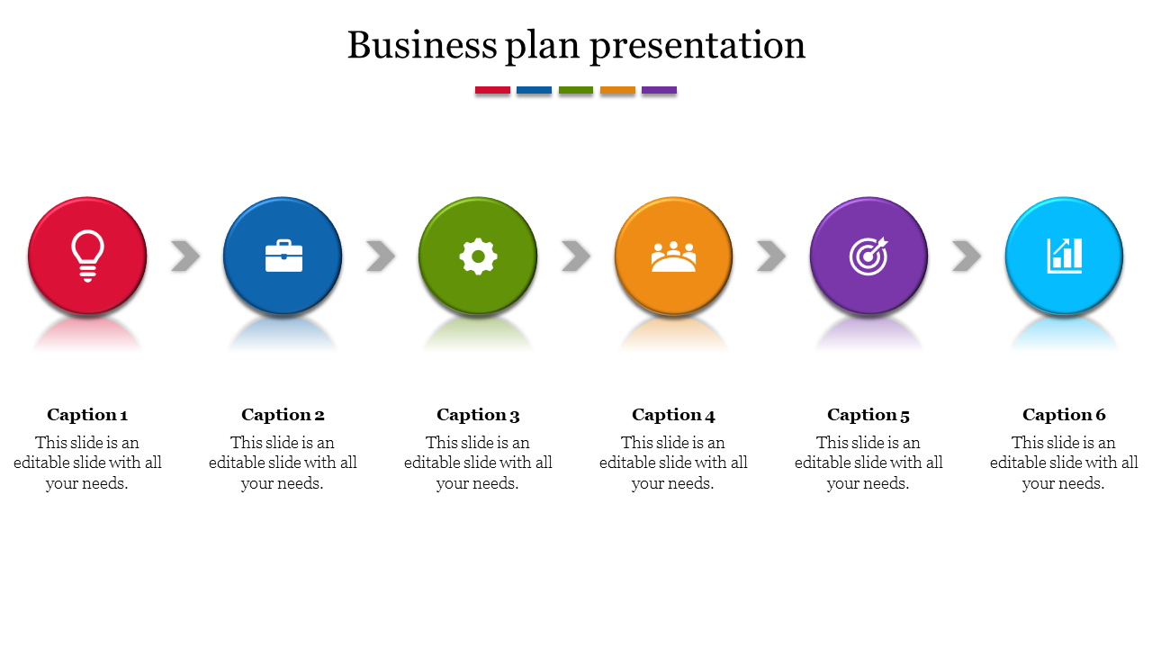 Business plan slide with six circular icons in red, navy, green, yellow, purple, and blue, each labeled with captions.