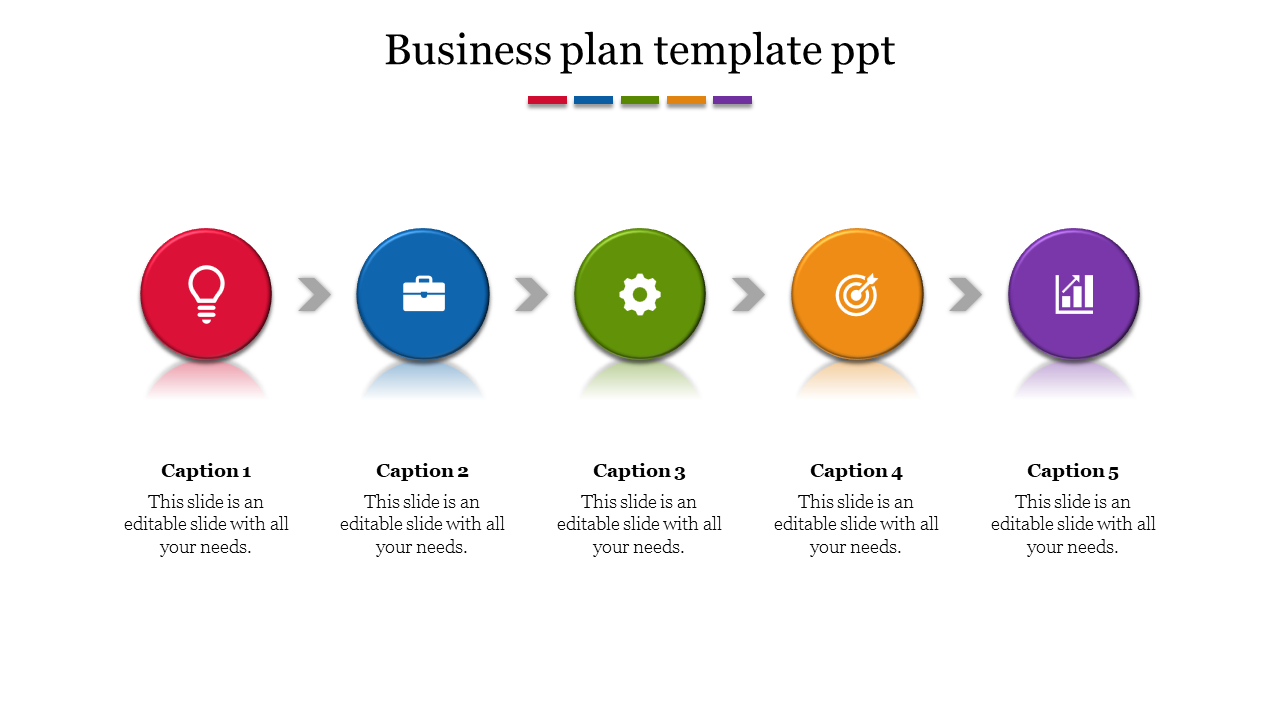 Slide design featuring five colorful icons representing different stages of a business plan, with caption areas.