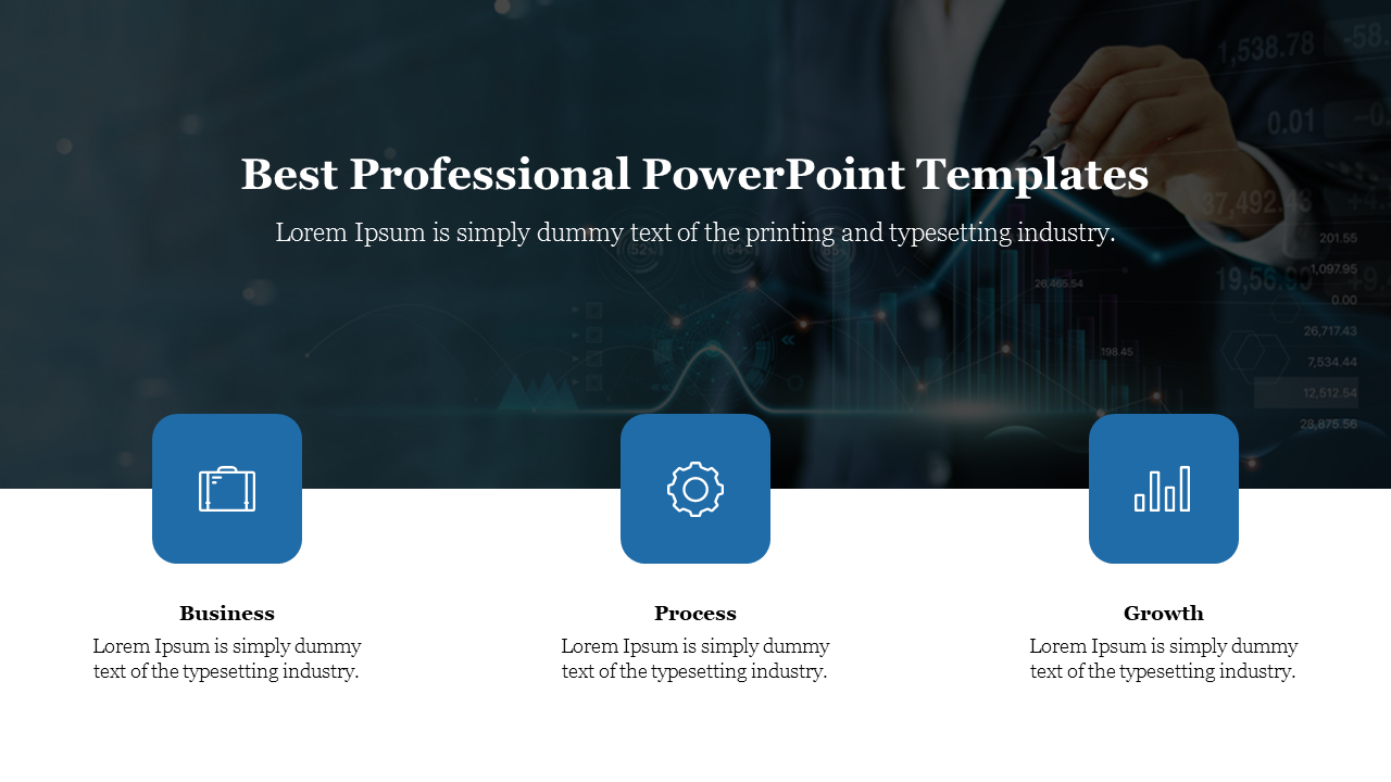 Professional slide with three blue icons for business, process, and growth, with a dark background showing financial data.