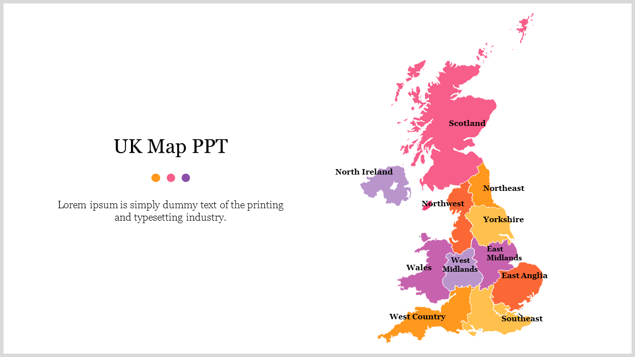 Map of the UK with regions highlighted in pink, orange, yellow, and purple, labeled with names.