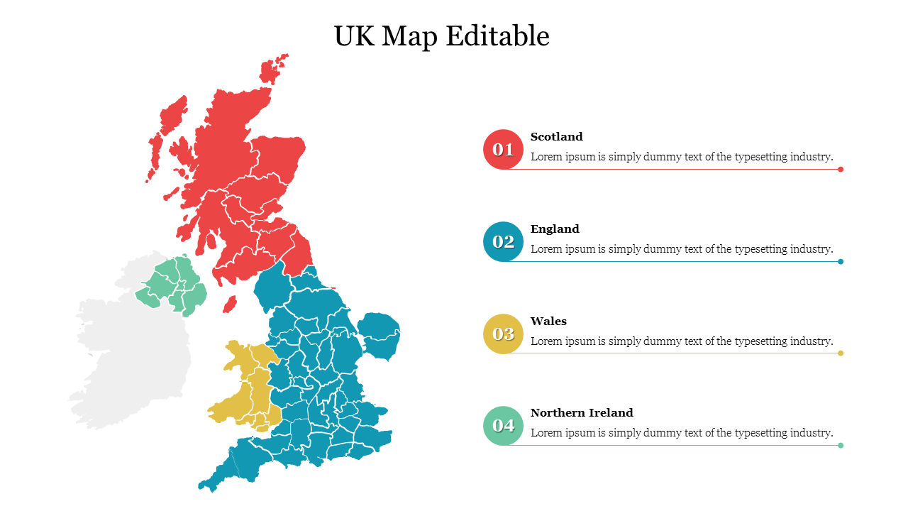 Color coded map slide of the UK showing scotland, england, wales, and northern ireland, with text placeholders.