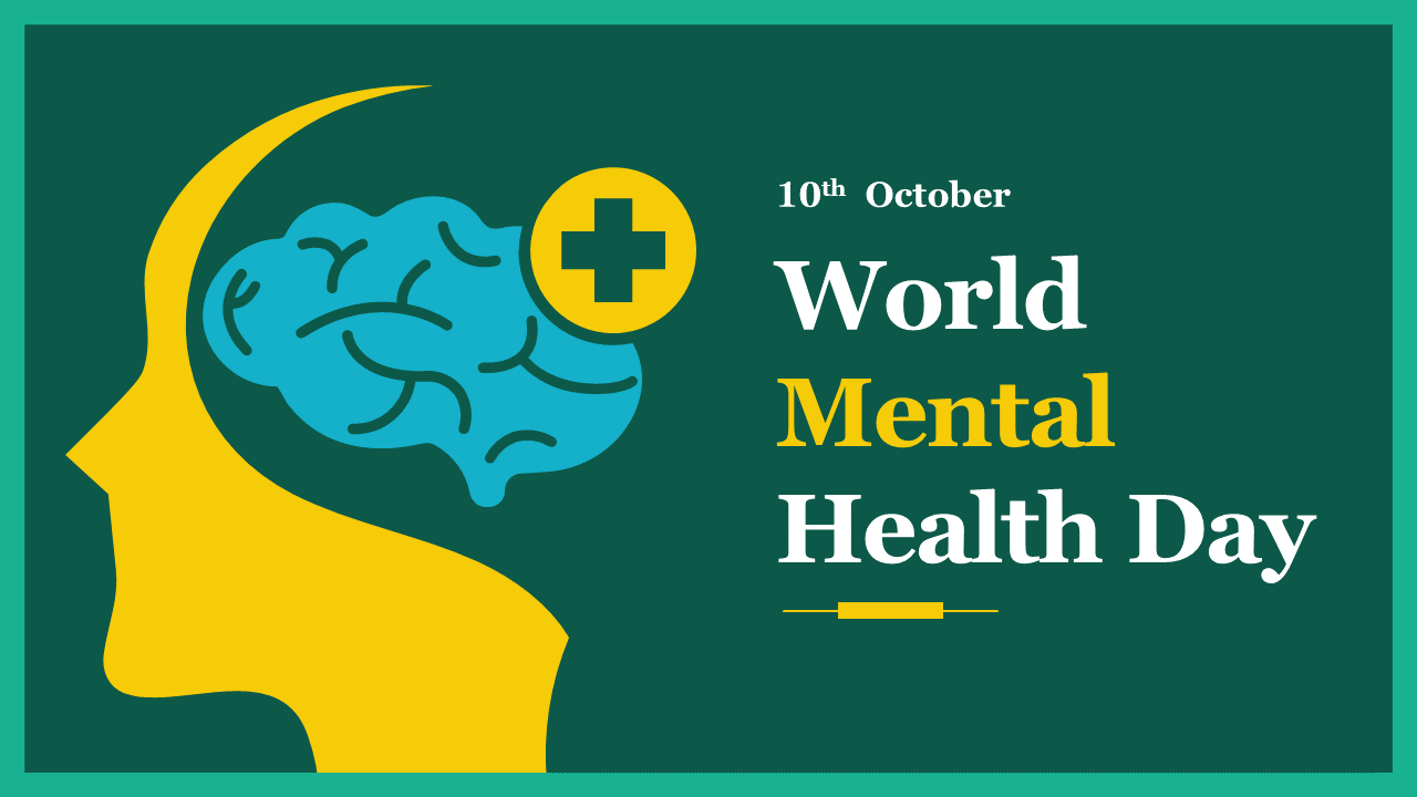 Illustration of a profile head with a brain and medical cross symbol, celebrating world mental health day on October 10th.