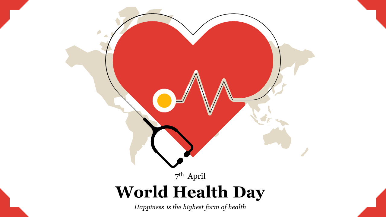 World health day slide with heart graphic, stethoscope, and world map backdrop, symbolizing global health awareness.