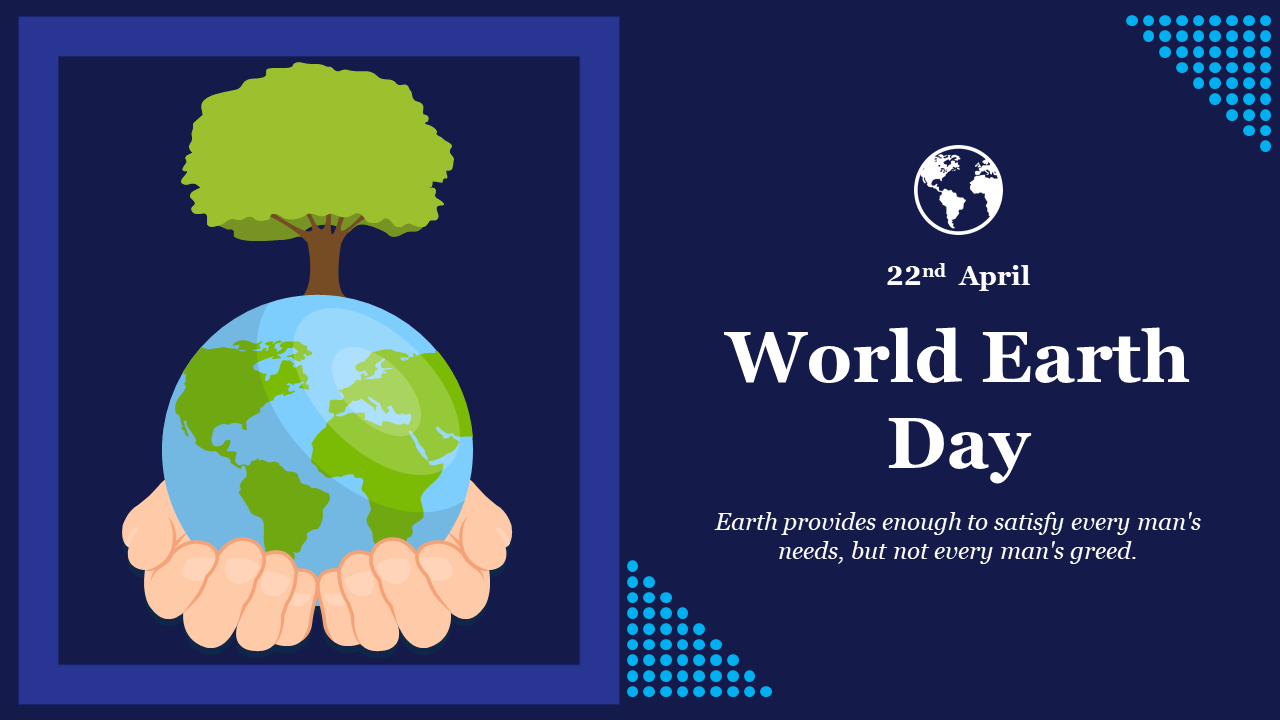 Illustration of hands holding Earth with a tree sprouting from it, symbolizing world earth day on a dark blue background.