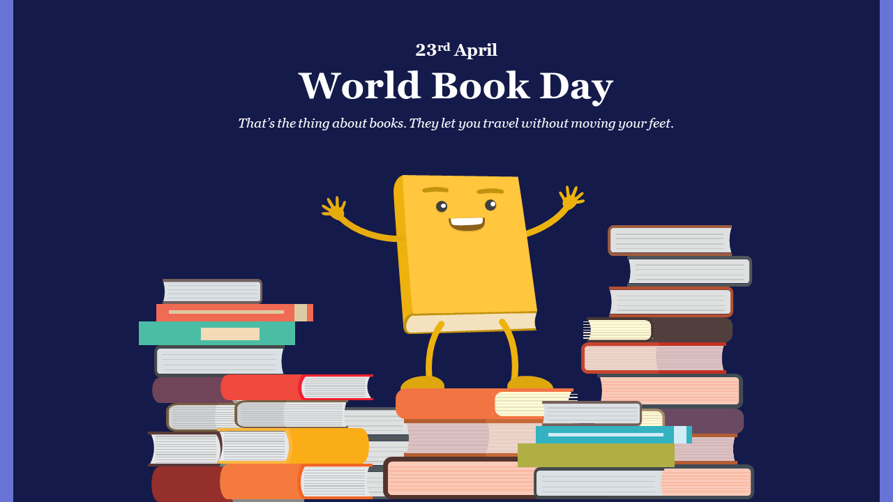 Cartoon book character standing on a pile of books with arms raised, celebrating world book day in a dark background.