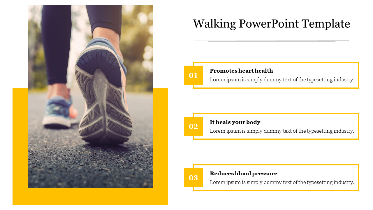 Close up of a shoe walking on pavement with a yellow border, and three numbered text boxes about health benefits.