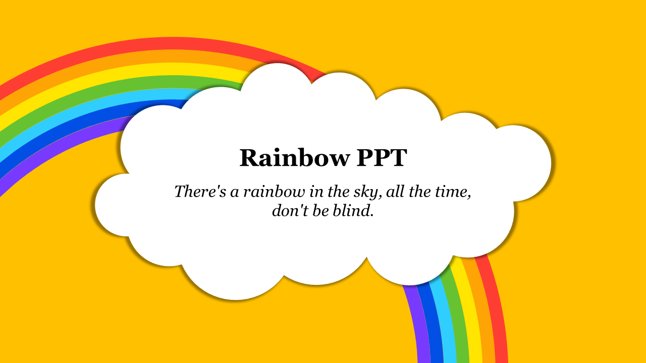 Bright rainbow with a cloud and the text against a yellow background.