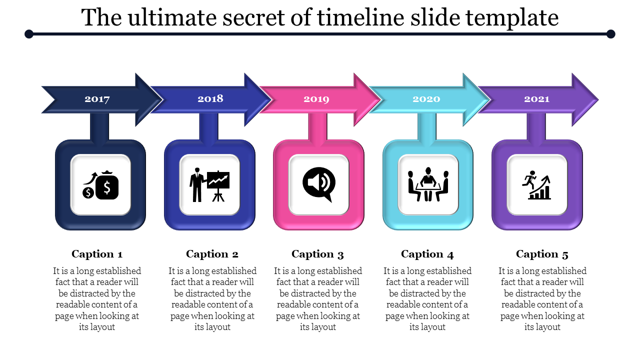 Multi-colored timeline with arrows and icon boxes for years 2017 through 2021, highlighting key events and milestones.