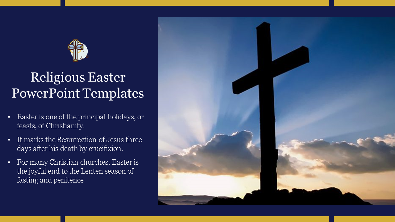 A cross silhouetted against a bright sky, with text explaining the significance of easter in christianity.