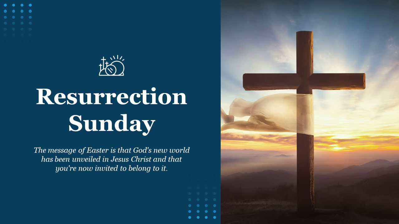 Slide featuring a cross against a sunrise sky and resurrection Sunday text on a blue background.