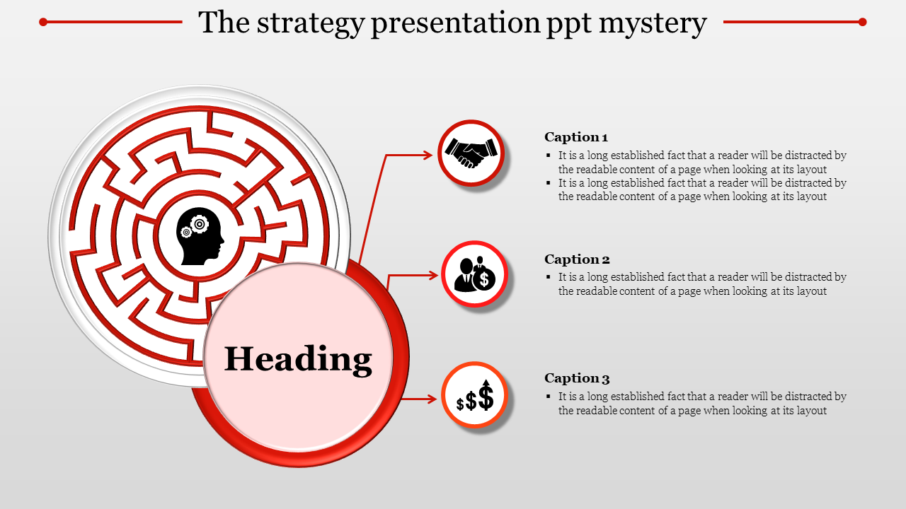 Strategy themed slide with a maze graphic, central circle, and three caption boxes connected with arrows and icons.