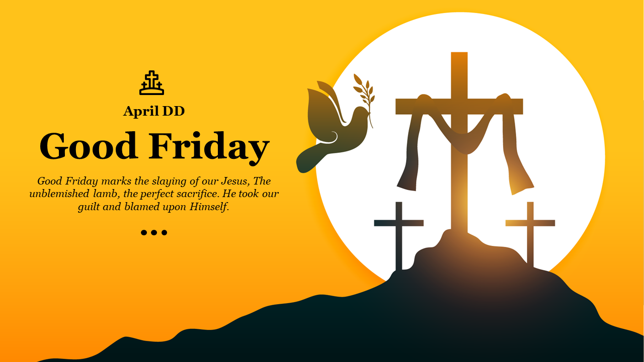 Illustration for good friday showing three crosses on a hill with a dove and a text explaining the symbolism of the day.