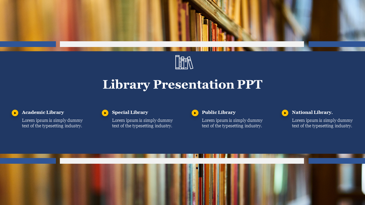 A slide with a blue header featuring icons and placeholder text for library types, with a background of bookshelves.