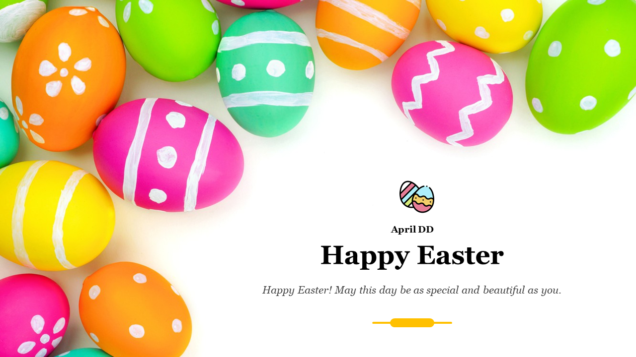 Brightly colored Easter eggs with various patterns on a white background, alongside with a happy message.