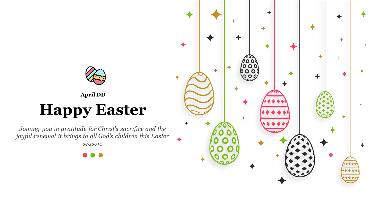 Hanging decorative Easter eggs in various colors, with greeting and text on a white background.