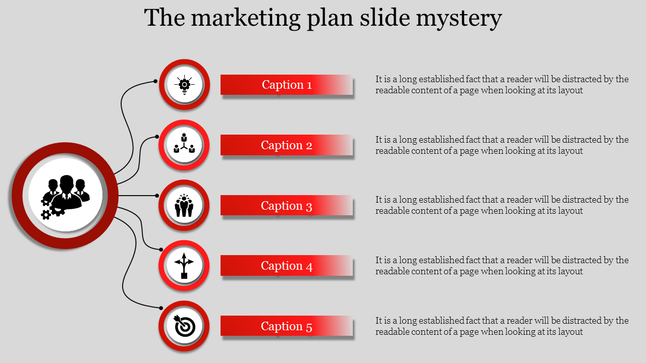 Marketing plan PPT slide with five steps connected to a central image of a team working together with placeholder text.