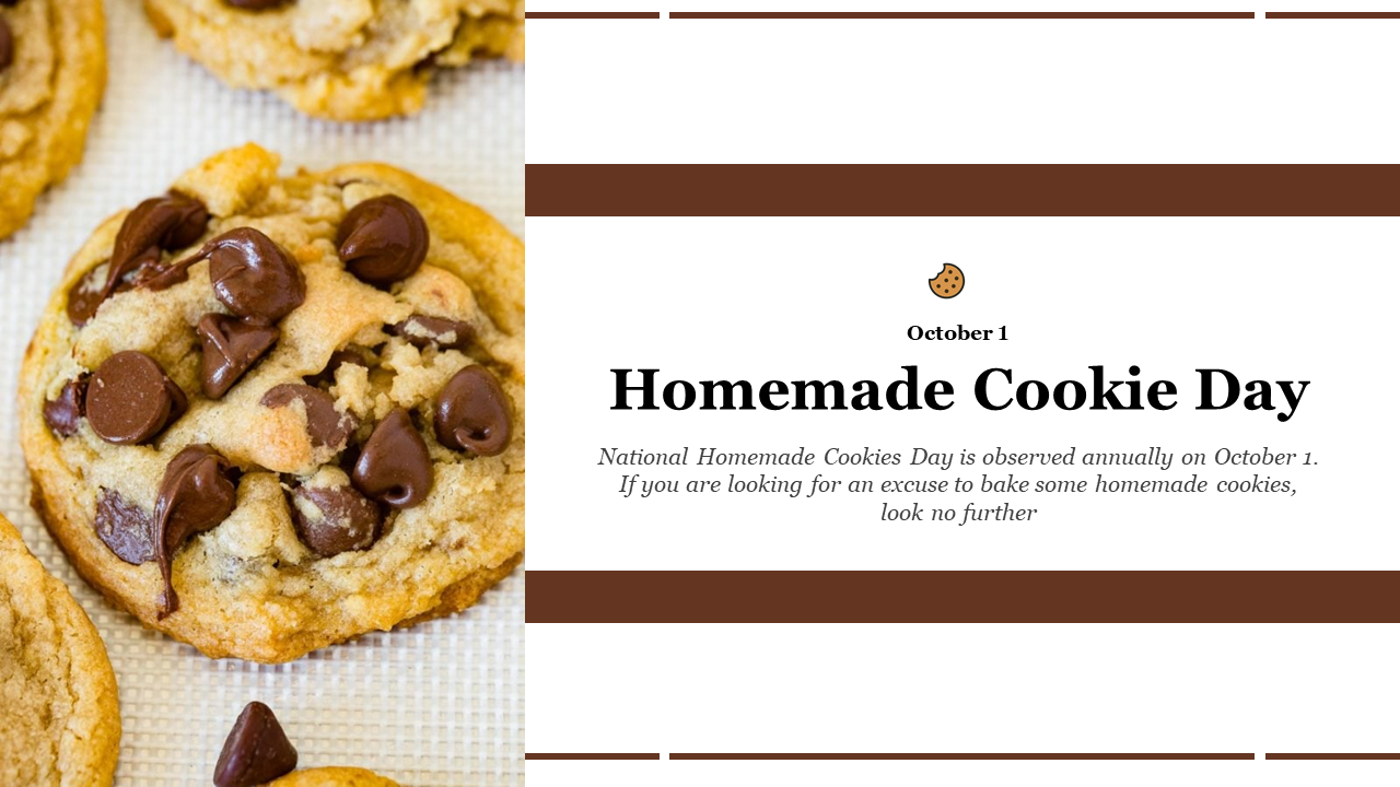 Slide showcasing chocolate chip cookies, accented by rectangular brown shapes and text on the right.