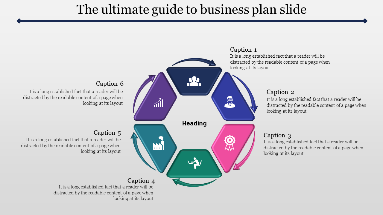 Six-step cyclic diagram with arrows and icons emphasizing business concepts in colors each with placeholder text areas.