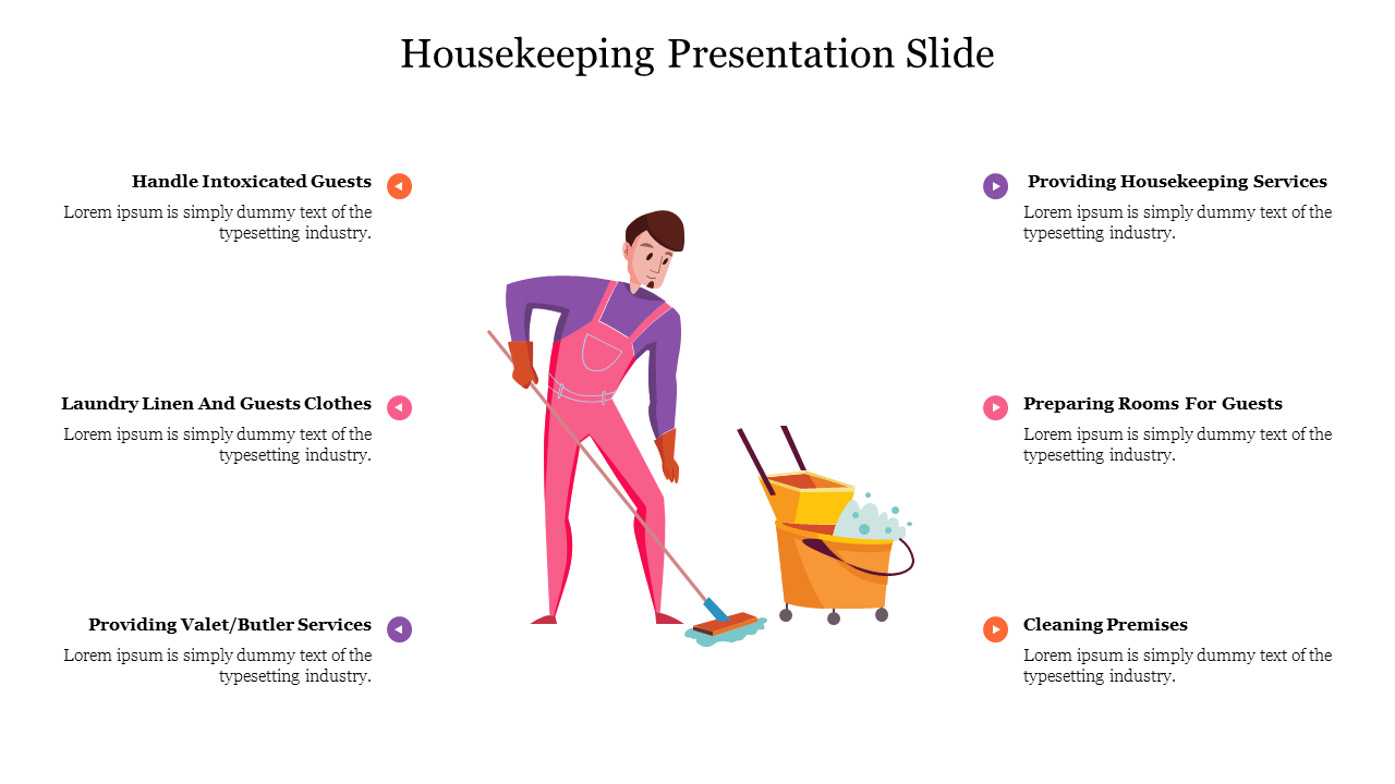 Illustrated slide showcasing a  colorful housekeeping worker mopping, surrounded with six caption areas.