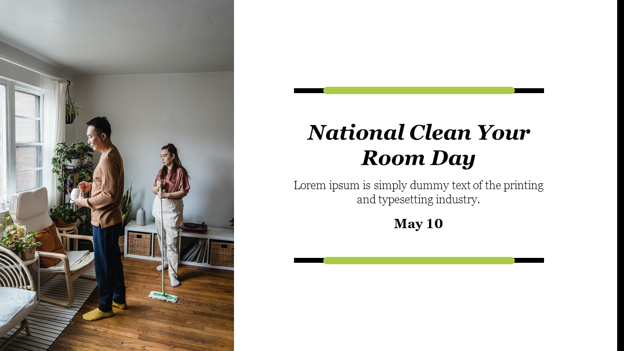 Slide for national clean your room day with an image of a man and woman cleaning a room, and event details on the right.