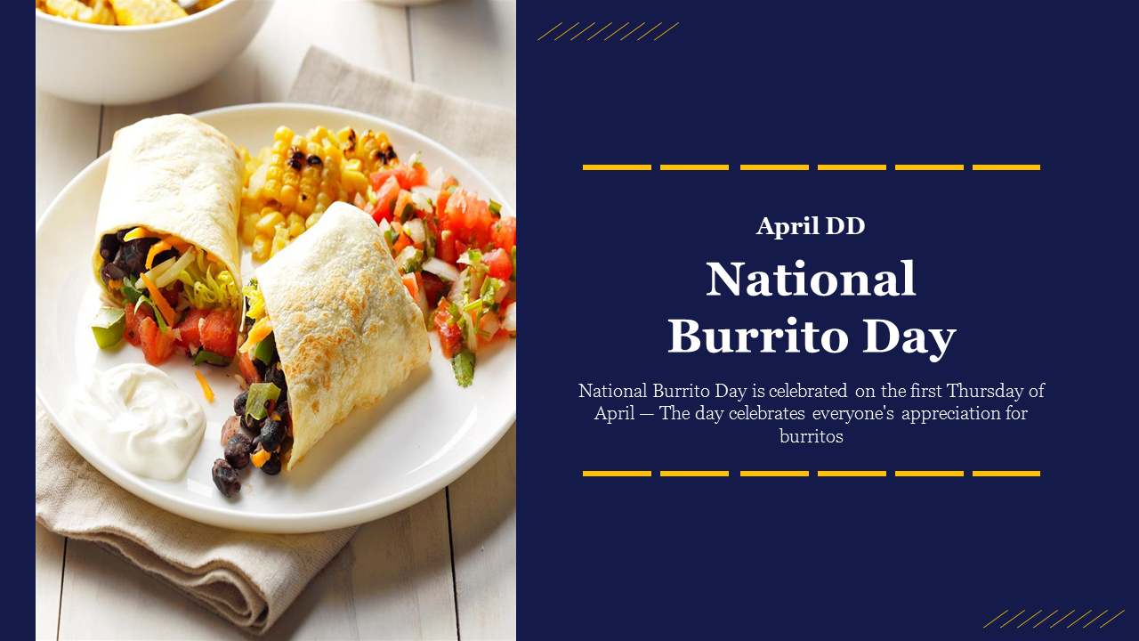 Two burritos served with sides of corn and salsa on the left, with text about national burrito day on the right.