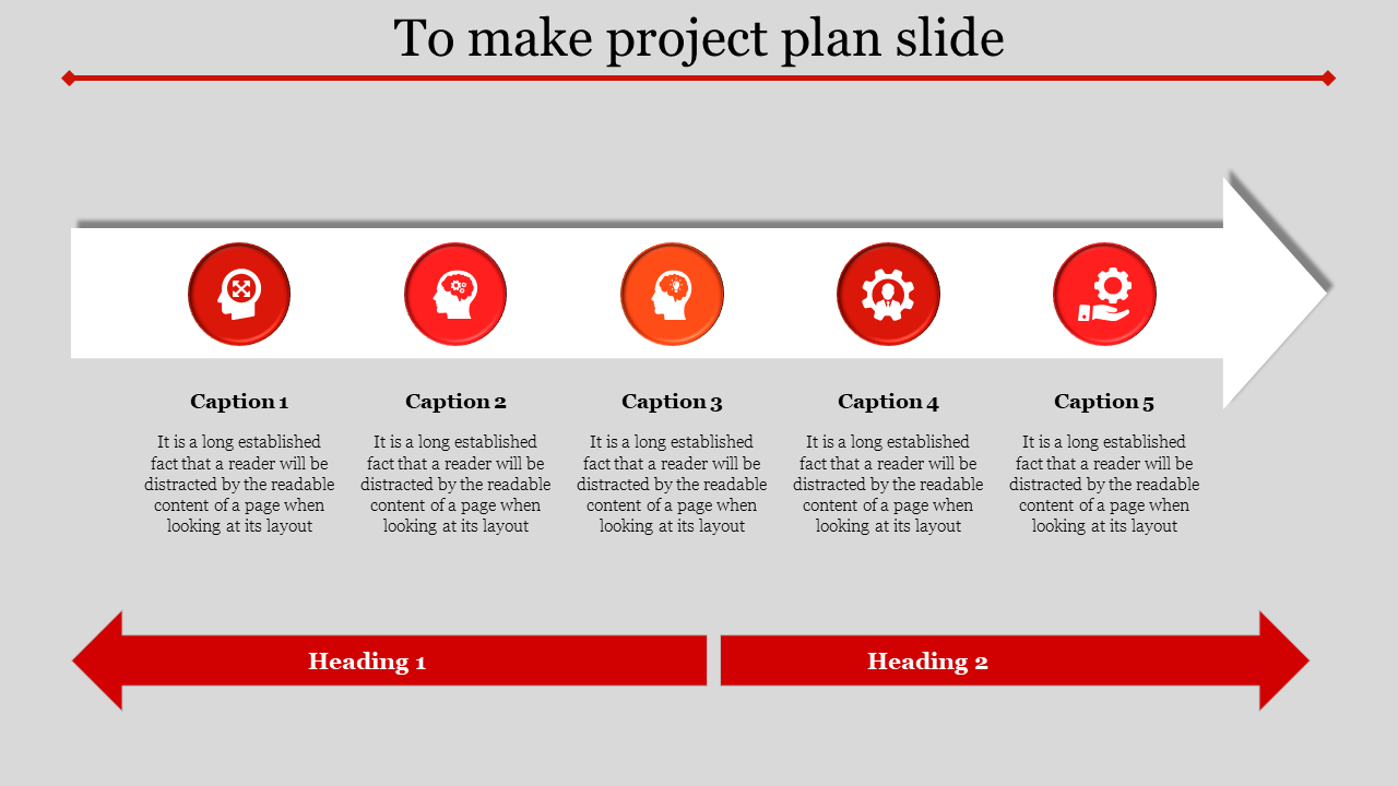 Project plan slide with a pointing arrow featuring five circular icons. Each icon has a caption with placeholder text.