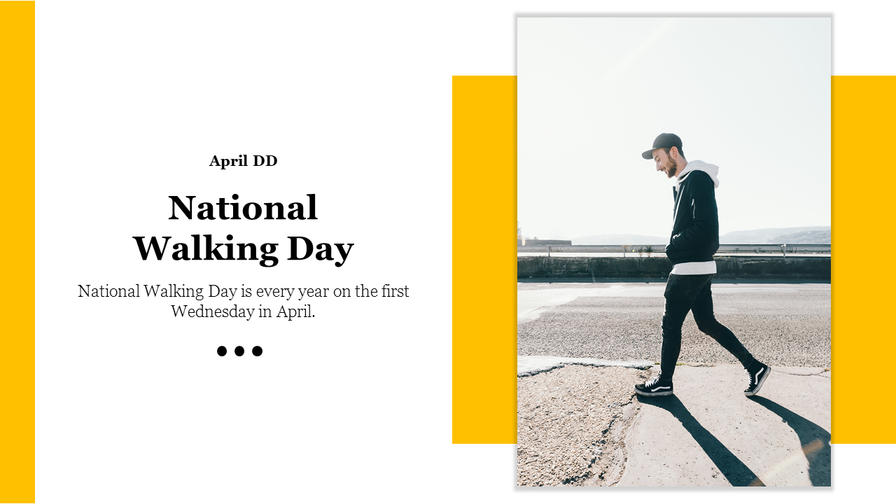 National walking day slide with a man walking on a sunny day, set against a minimalist background.