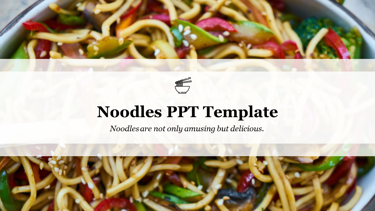 A vibrant noodles slide featuring a close up of a noodle dish, with the title text.