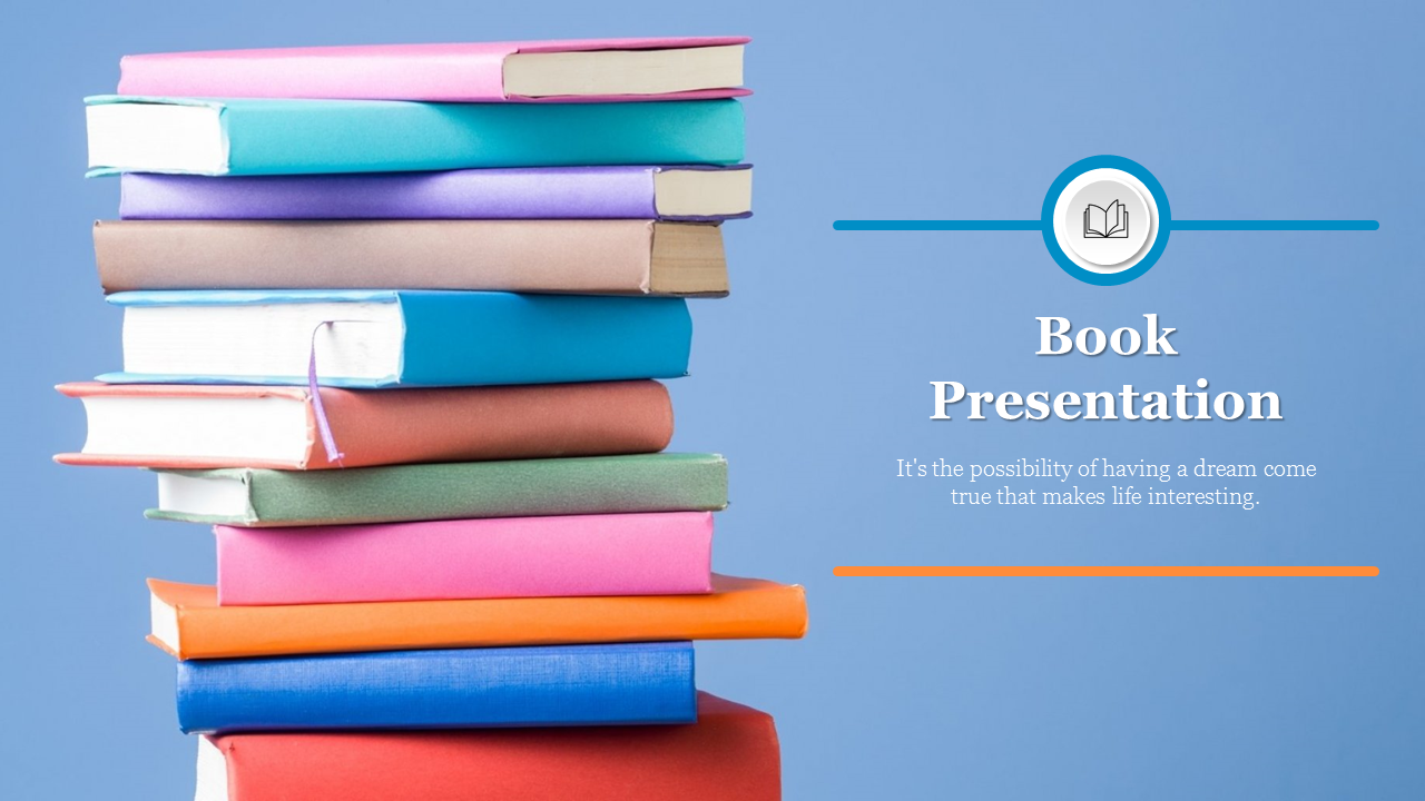 A stack of colorful books on the left side with title text and a quote on a blue background.