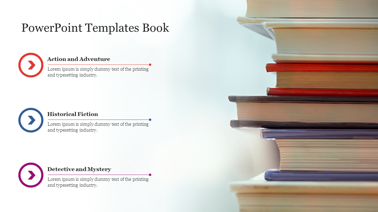 Book-themed slide with three text categories from action and adventure to detective and mystery, alongside a stack of books.