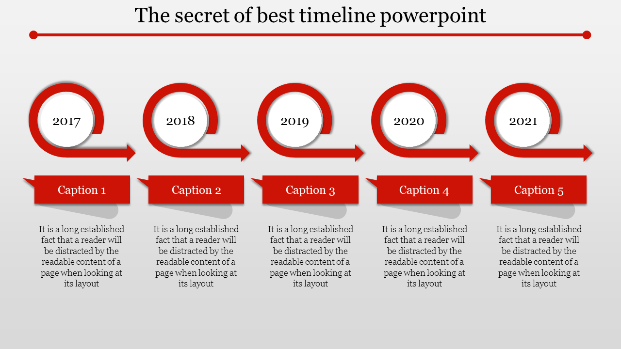 Timeline PowerPoint template showing years 2017 to 2021 with arrows and labeled captions for each year.