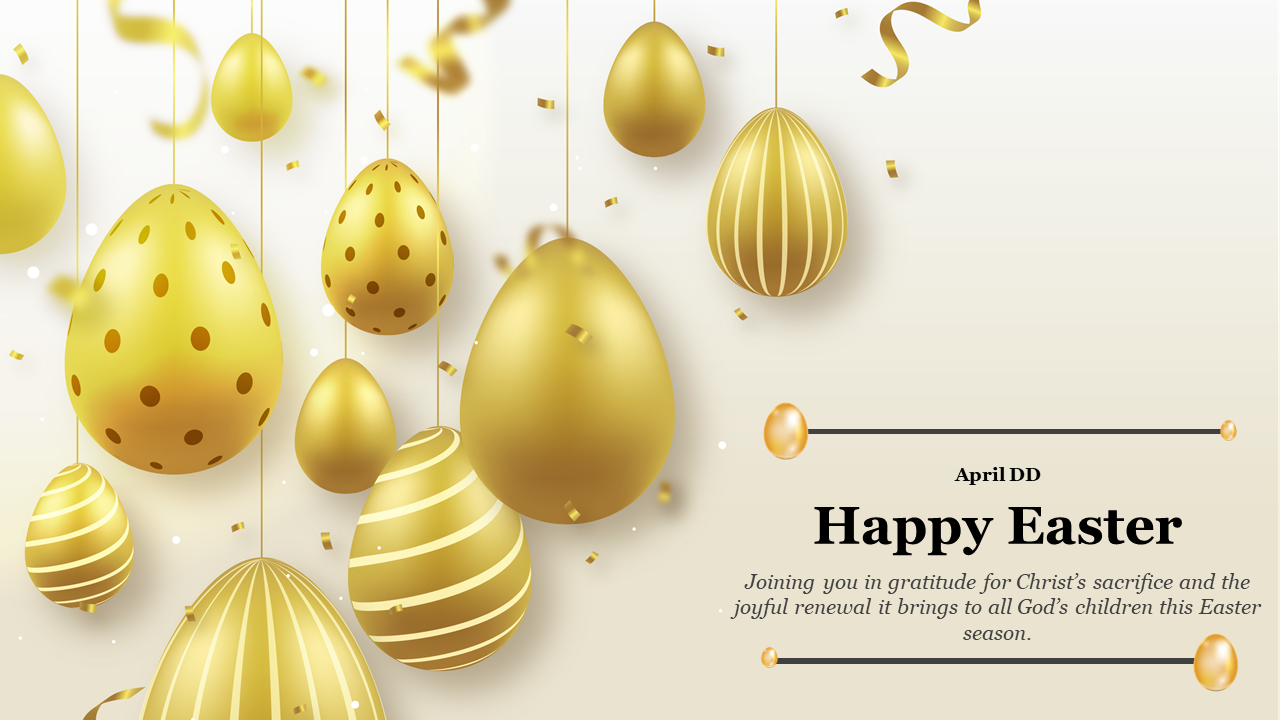 Elegant Easter layout featuring golden eggs, decorative ribbons, and celebratory text on a gradient background.