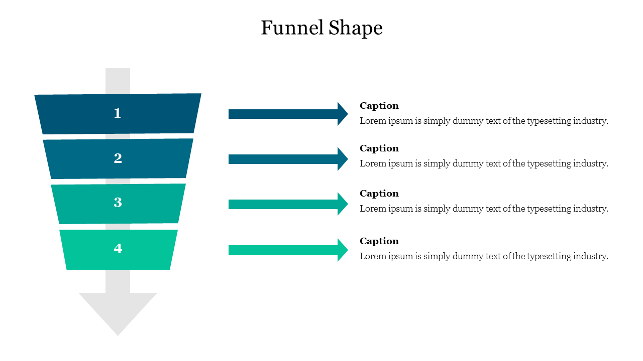 Colorful Funnel diagram slide with four stages and captions describing each stage of the process.