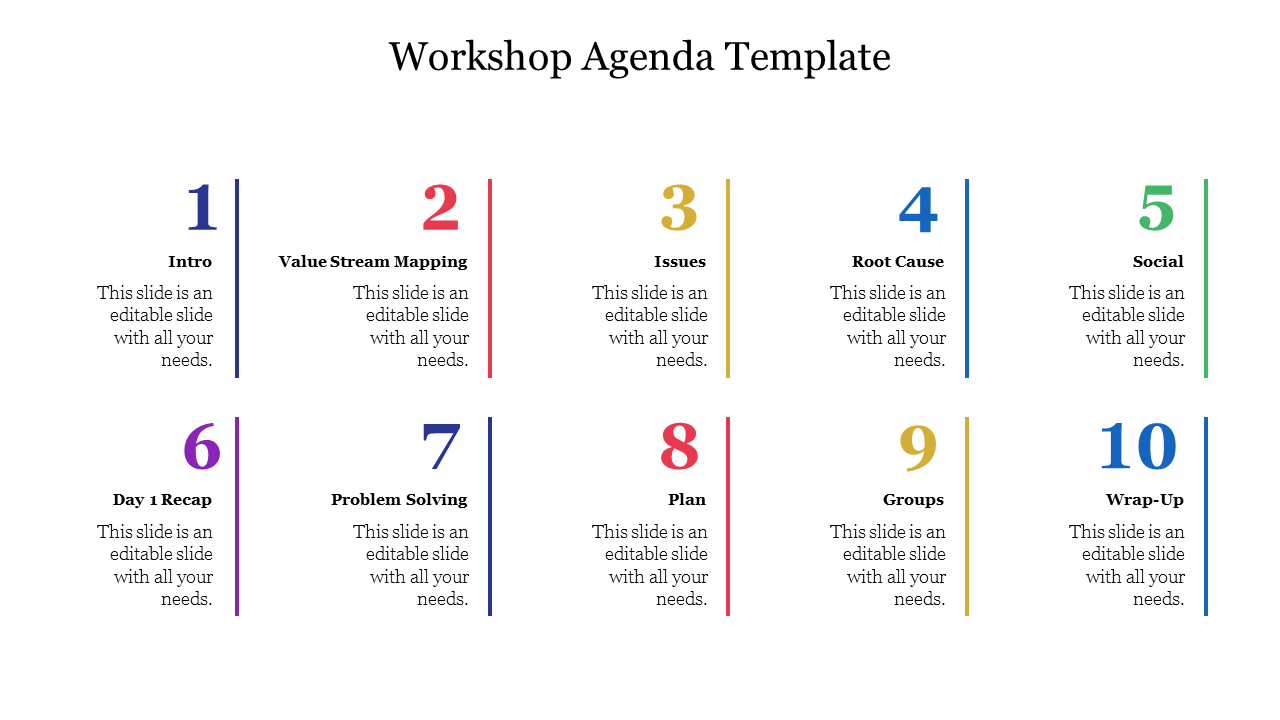 Slide displaying a ten-item workshop agenda topics like Intro, Value Stream Mapping, each with colorful numbered text area.