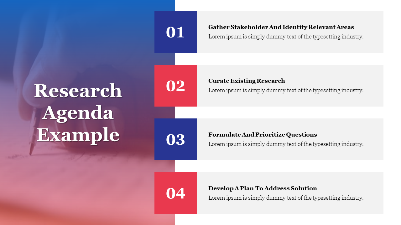 Blue and red graphic with four numbered steps in a vertical layout, each with a title and placeholder text.